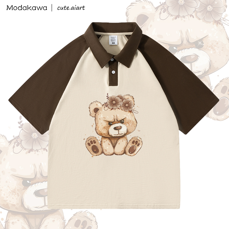 MODAKAWA X cute.aiart Bear Graphic 100% Cotton POLO T-shirt - Brown & Apricot - 4XL - image 1