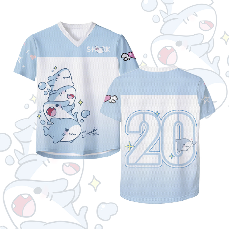 Shark Number Graphic Modakawa Vintage Mesh Jersey T-shirt - White & Blue - 4XL - image 1