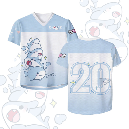 Shark Number Graphic Modakawa Vintage Mesh Jersey T-shirt - White & Blue - 4XL - image 1