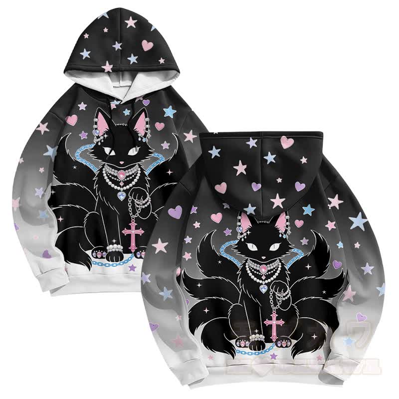 Black Nine Tailed Fox Cross Graphic Modakawa Gradient Pullover Hoodie - Black - 6XL - image 2