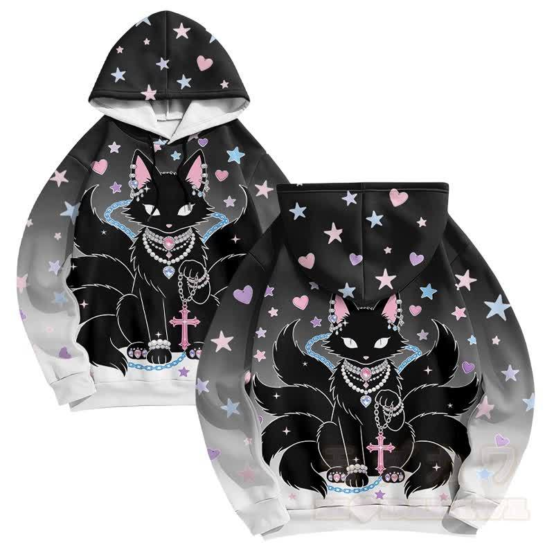 Black Nine Tailed Fox Cross Graphic Modakawa Gradient Pullover Hoodie - Black - 6XL - image 2