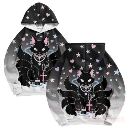 Black Nine Tailed Fox Cross Graphic Modakawa Gradient Pullover Hoodie - Black - 6XL - image 2