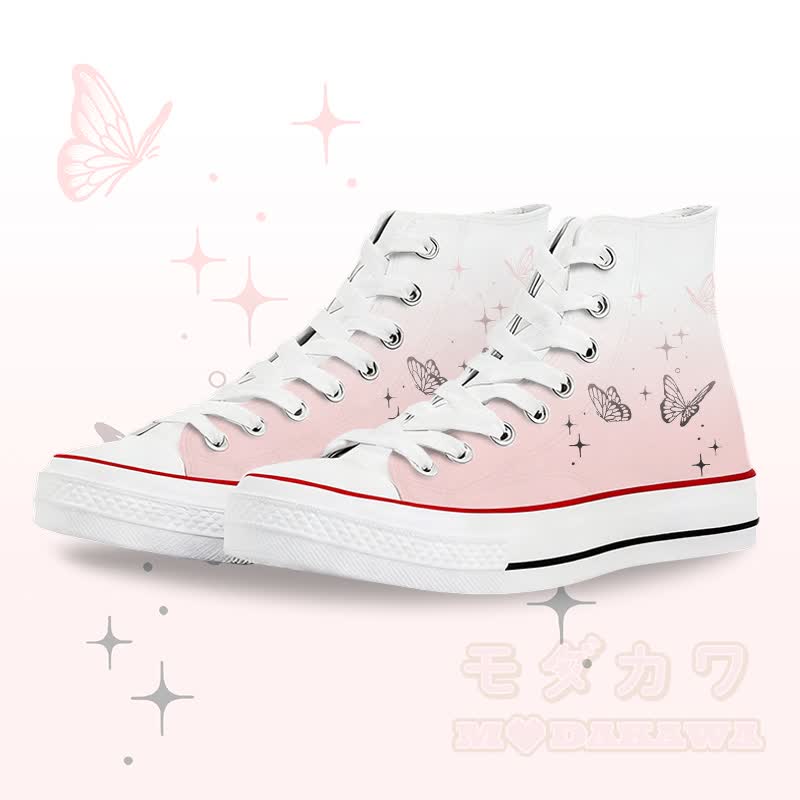 Butterfly Graphic Modakawa Gradient High Top Canvas Shoes - White B - 45 - image 2