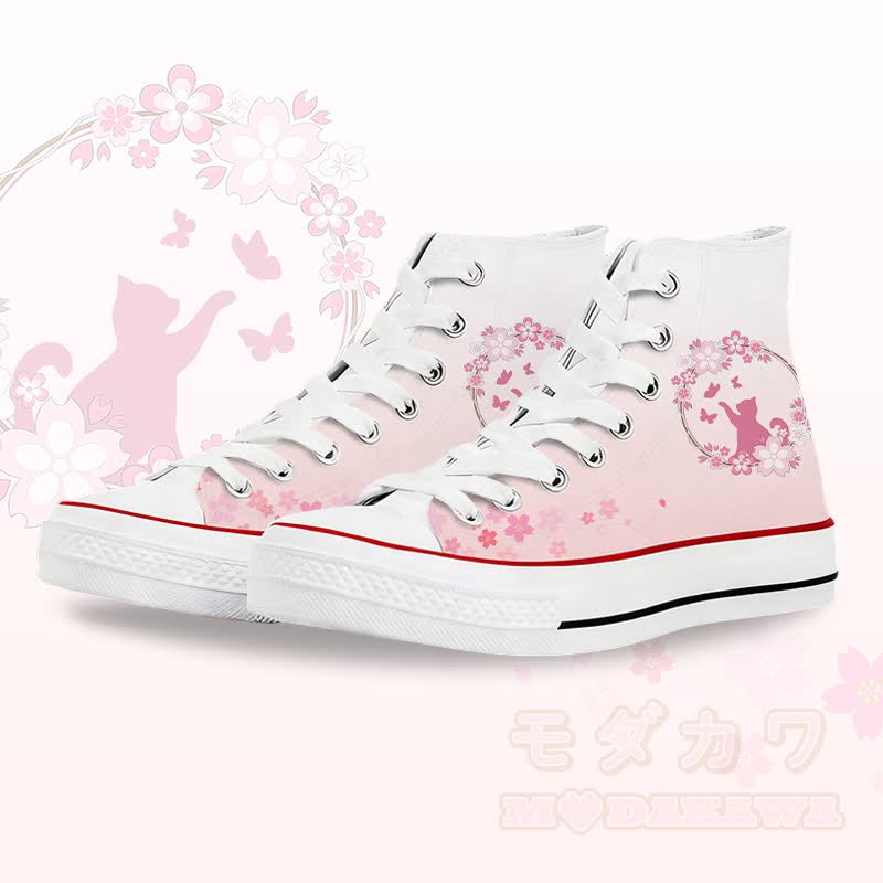 Flower Cat Graphic Modakawa Gradient High Top Canvas Shoes - White B - 45 - image 2