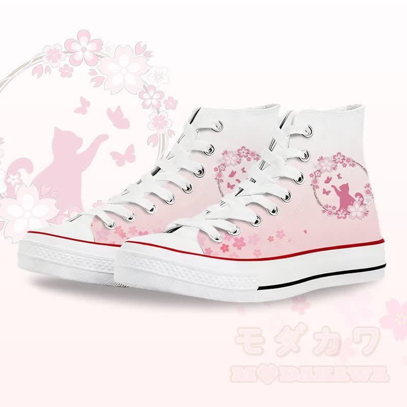 Flower Cat Graphic Modakawa Gradient High Top Canvas Shoes - White B - 45 - image 2