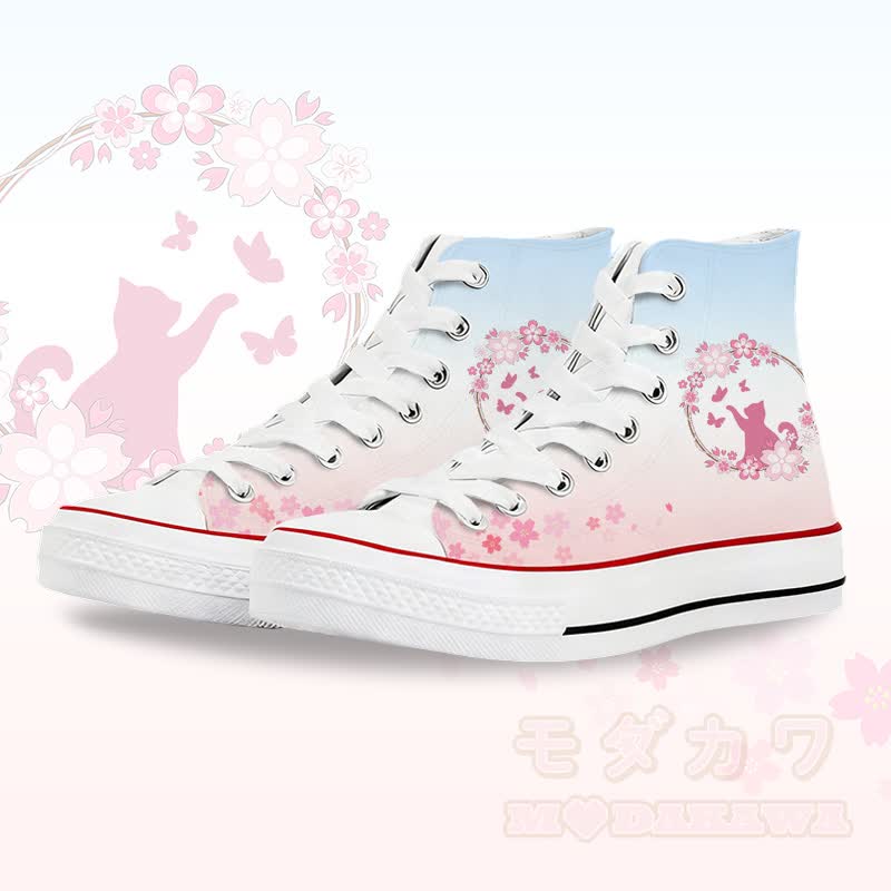 Flower Cat Graphic Modakawa Gradient High Top Canvas Shoes - White A - 45 - image 1