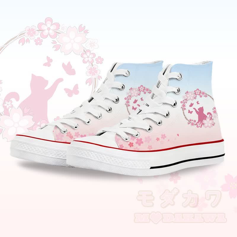 Flower Cat Graphic Modakawa Gradient High Top Canvas Shoes - White A - 45 - image 1