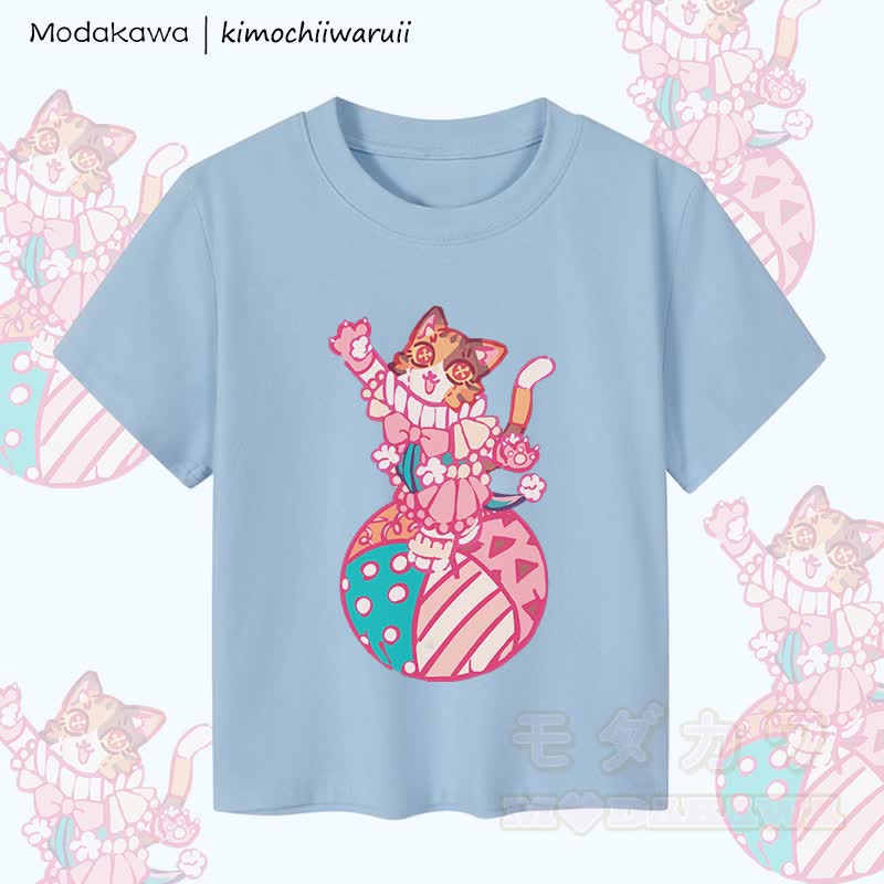 MODAKAWA X kimochiiwaruii Circus Cat Graphic Women's Cropped T-Shirt 92% Combed Cotton Crop Top - Blue - XL - image 2