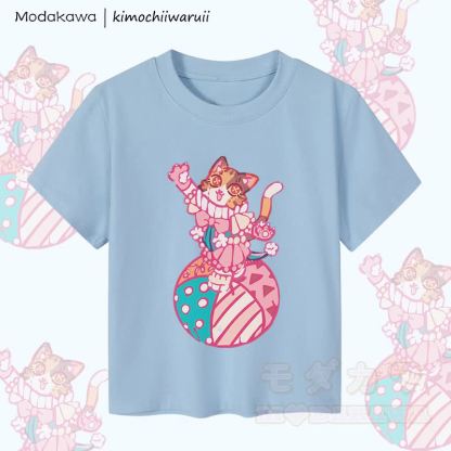 MODAKAWA X kimochiiwaruii Circus Cat Graphic Women's Cropped T-Shirt 92% Combed Cotton Crop Top - Blue - XL - image 2