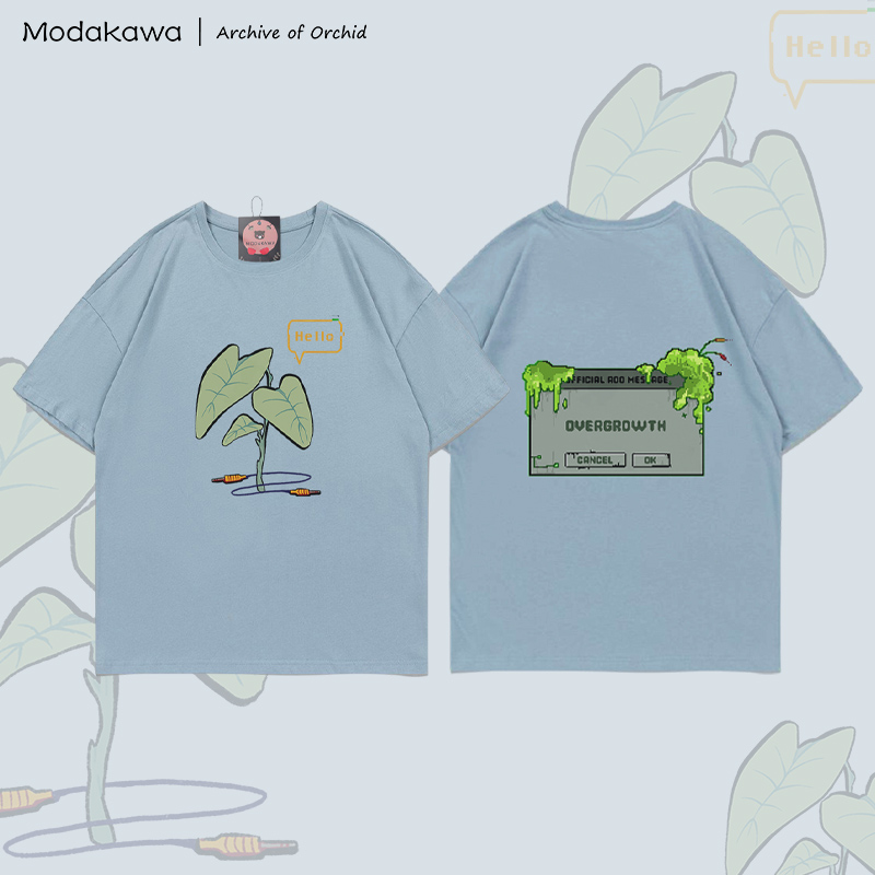 MODAKAWA X Archive of Orchid HELLO Plant Graphic 100% Cotton T-shirt - Light Grey Blue - 5XL - image 2