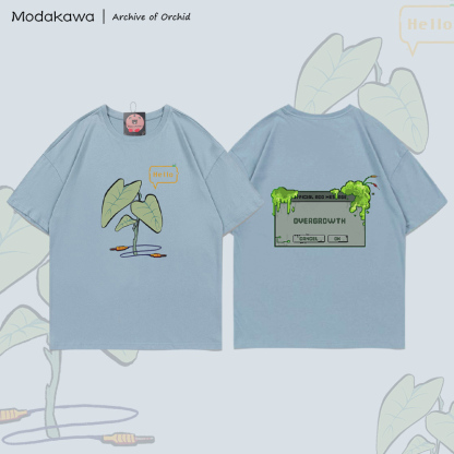 MODAKAWA X Archive of Orchid HELLO Plant Graphic 100% Cotton T-shirt - Light Grey Blue - 5XL - image 2
