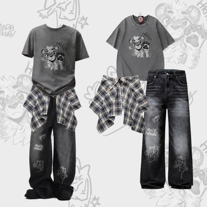 MODAKAWA X atka Tiger Paw Graphic Vintage Washed T-shirt Plaid Skirt Loose Cargo Pants Three Pieces Set - Set B - 3XL - image 2