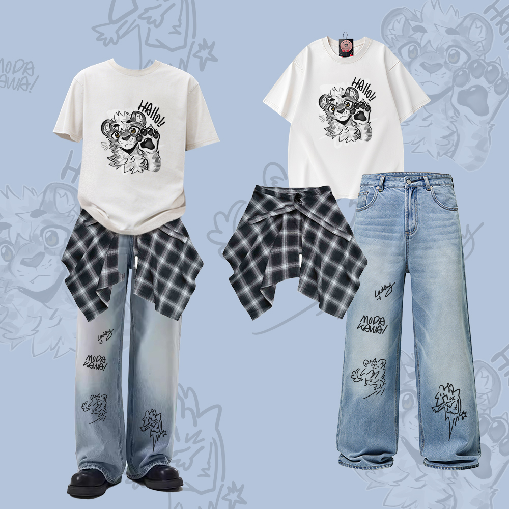 MODAKAWA X atka Tiger Paw Graphic Vintage Washed T-shirt Plaid Skirt Loose Cargo Pants Three Pieces Set - Set A - 3XL - image 1