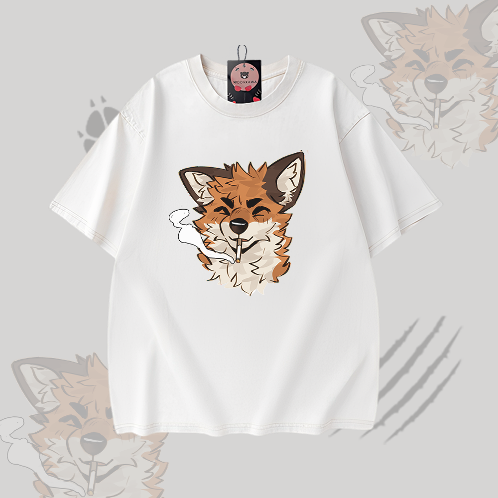 MODAKAWA X atka Smoking Fox Graphic Vintage Washed 100% Cotton T-shirt Denim Pants Matching Outfit - Apricot T-shirt - 2XL - image 5
