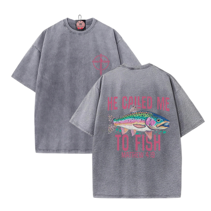 HE CALLED ME TO FISH Graphic Modakawa Vintage Washed 100% Cotton T-shirt - Grey - 5XL - image 2