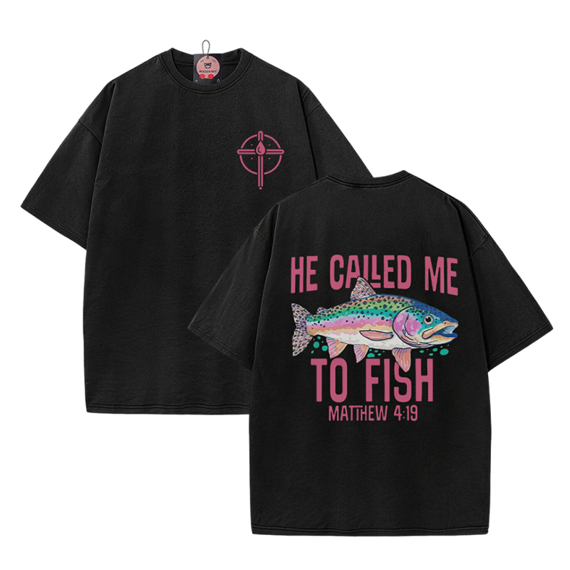 HE CALLED ME TO FISH Graphic Modakawa Vintage Washed 100% Cotton T-shirt - Black - 5XL - image 1