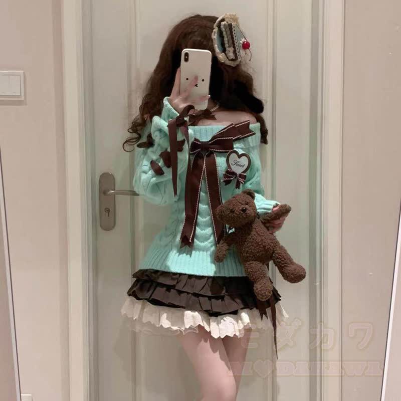 Bow Shirt Off Shoulder Knit Sweater Ruffle Skirt Matching Outfit - image 2