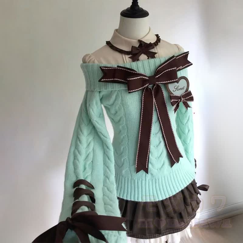 Bow Shirt Off Shoulder Knit Sweater Ruffle Skirt Matching Outfit - image 1