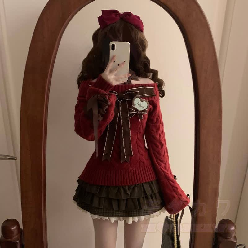 Bow Shirt Off Shoulder Knit Sweater Ruffle Skirt Matching Outfit - image 3