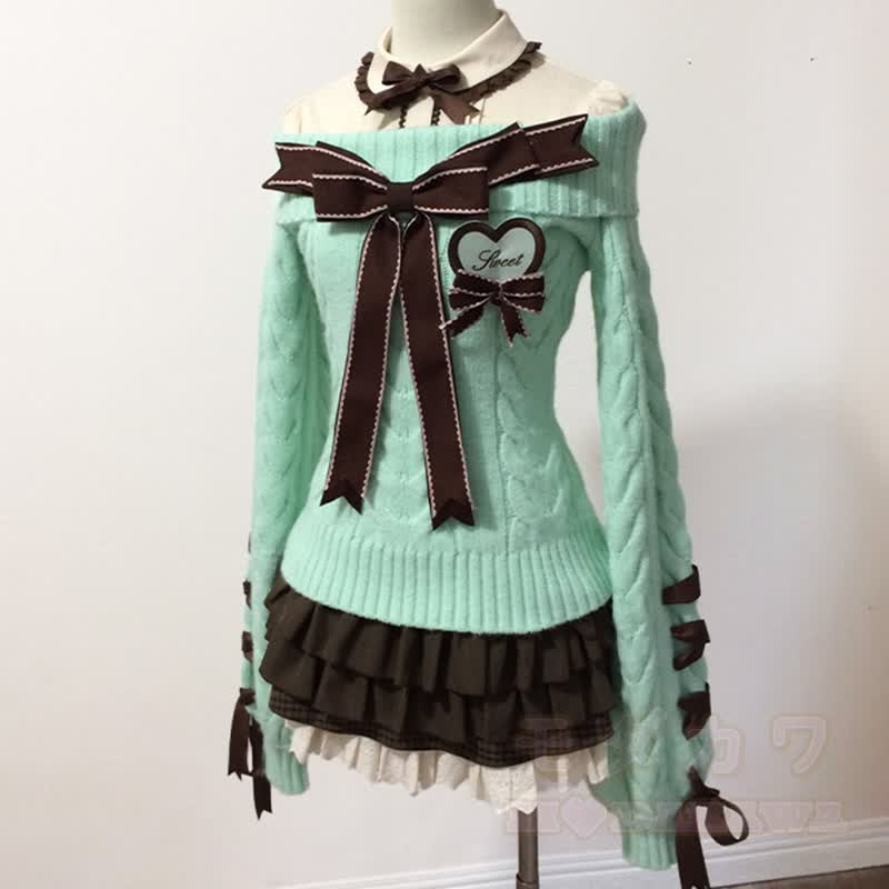 Bow Shirt Off Shoulder Knit Sweater Ruffle Skirt Matching Outfit - Green Set - XL - image 7