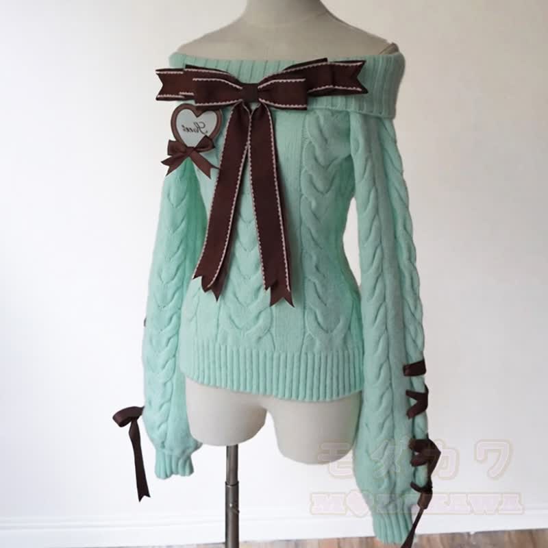 Bow Shirt Off Shoulder Knit Sweater Ruffle Skirt Matching Outfit - Sweater - XL - image 5