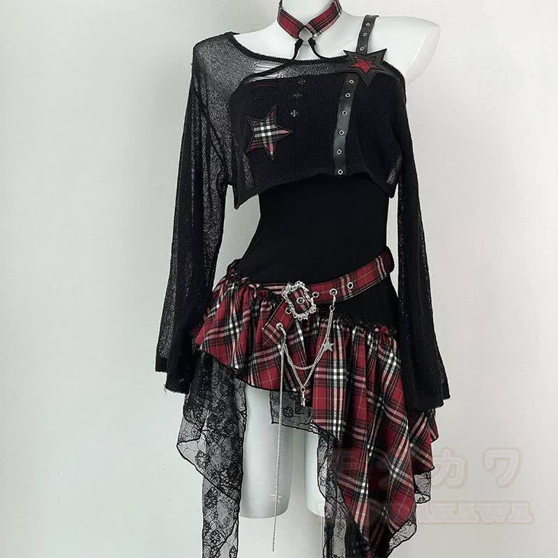 Gothic Sheer Mesh Top Plaid Dress Two Pieces Set - Red - XL - image 3