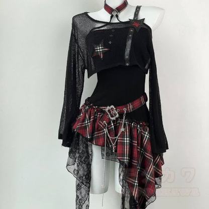 Gothic Sheer Mesh Top Plaid Dress Two Pieces Set - Red - XL - image 3