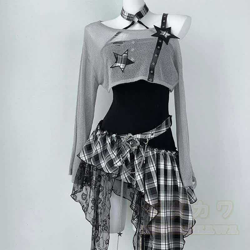 Gothic Sheer Mesh Top Plaid Dress Two Pieces Set - Grey - XL - image 1