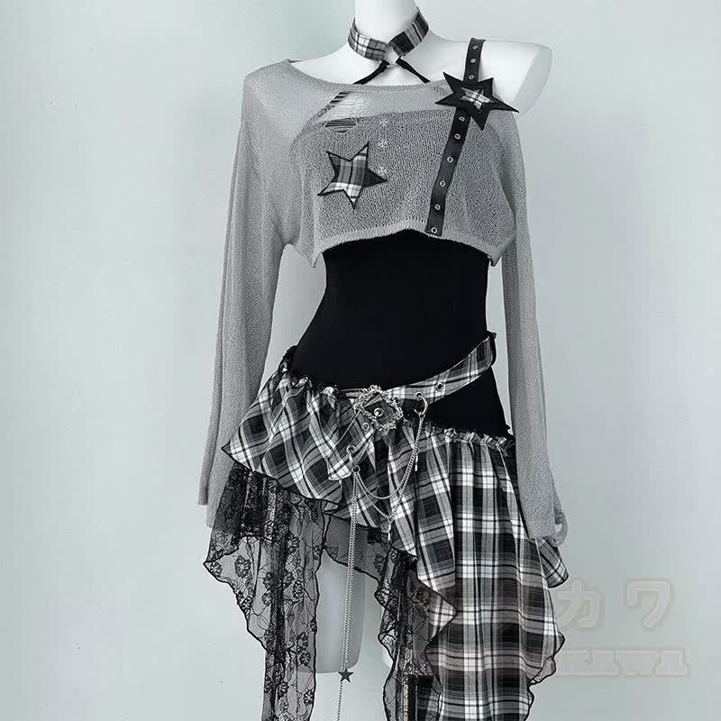 Gothic Sheer Mesh Top Plaid Dress Two Pieces Set - Grey - XL - image 1