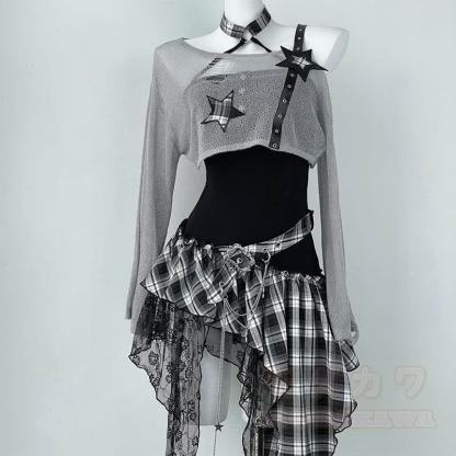 Gothic Sheer Mesh Top Plaid Dress Two Pieces Set - Grey - XL - image 1