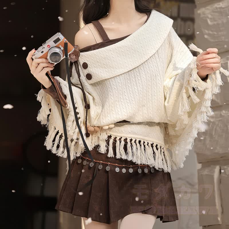 Vintage Fringe Cape Long Sleeve Top Belt Skirt Matching Outfit - image 2