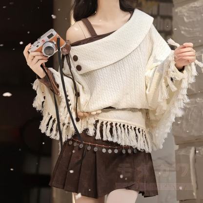 Vintage Fringe Cape Long Sleeve Top Belt Skirt Matching Outfit - image 2