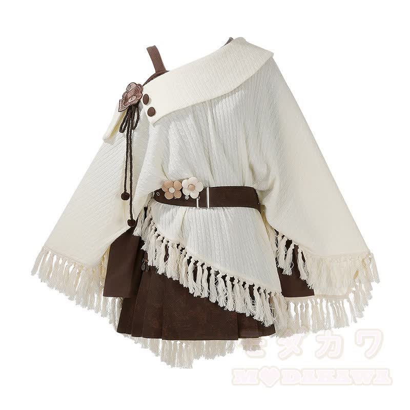 Vintage Fringe Cape Long Sleeve Top Belt Skirt Matching Outfit - Set - One Size - image 1