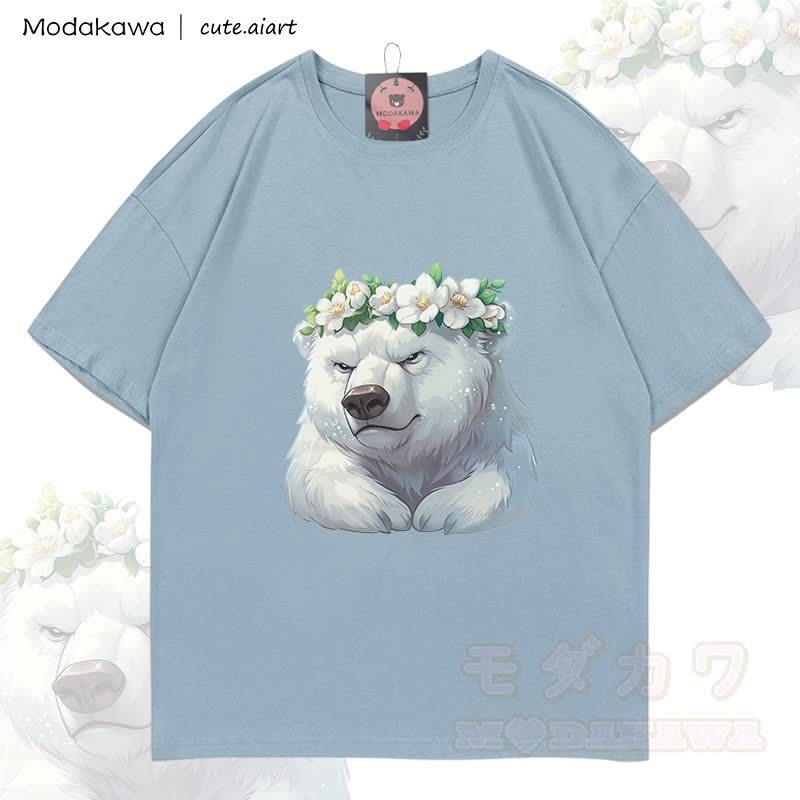 MODAKAWA X cute.aiart Bear Graphic 100% Cotton T-shirt - Light Grey Blue - 5XL - image 1
