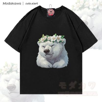 MODAKAWA X cute.aiart Bear Graphic 100% Cotton T-shirt - Black - 5XL - image 3