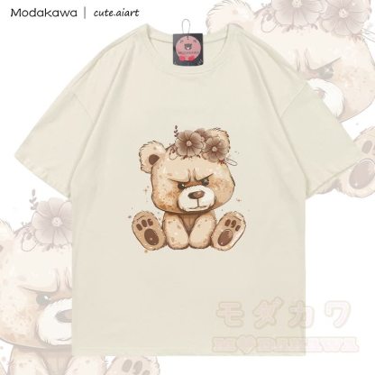 MODAKAWA X cute.aiart Floral Bear Graphic 100% Cotton T-shirt - Light Beige - 5XL - image 1