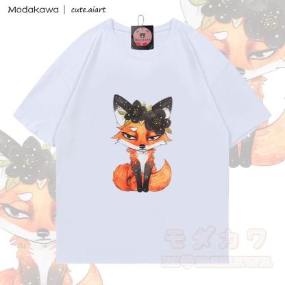 MODAKAWA X cute.aiart Fox Graphic 100% Cotton T-shirt - White - 5XL - image 2