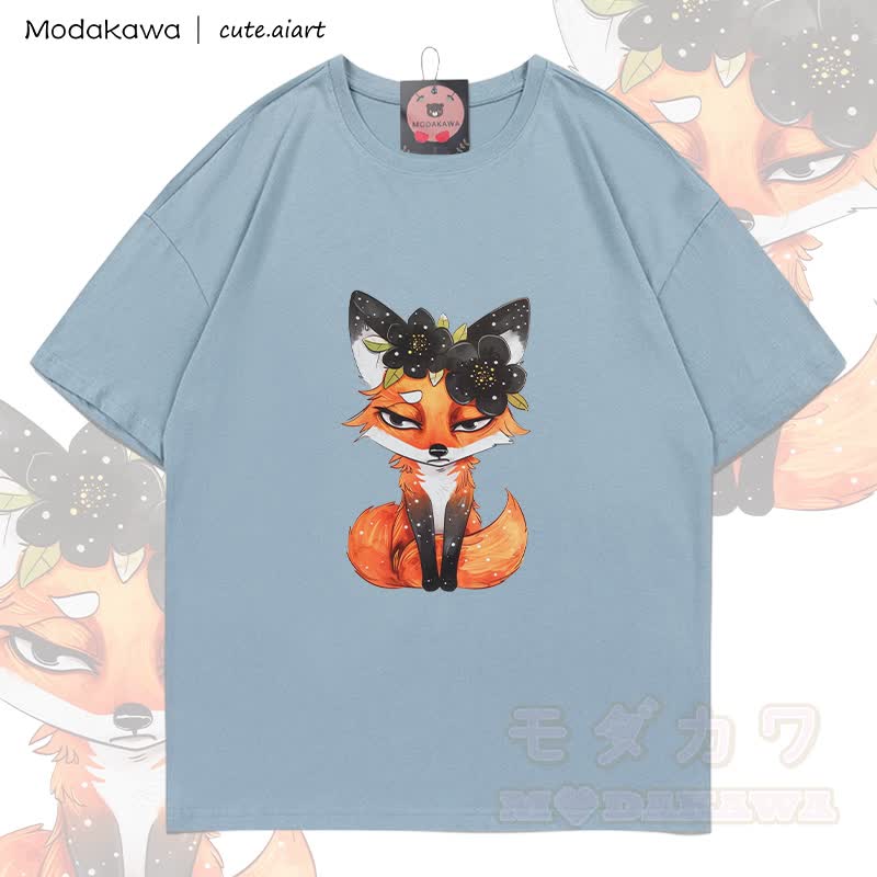 MODAKAWA X cute.aiart Fox Graphic 100% Cotton T-shirt - Light Grey Blue - 5XL - image 1
