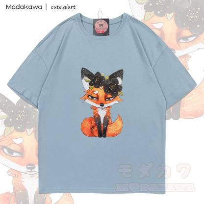 MODAKAWA X cute.aiart Fox Graphic 100% Cotton T-shirt - Light Grey Blue - 5XL - image 1