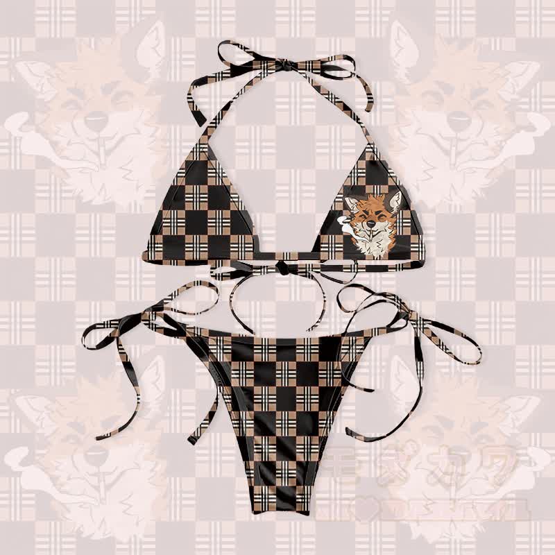 MODAKAWA X atka Smoking Fox Graphic Women's Swimsuit Tie Bikini Two Pieces Set - Black & Brown - 5XL - image 1