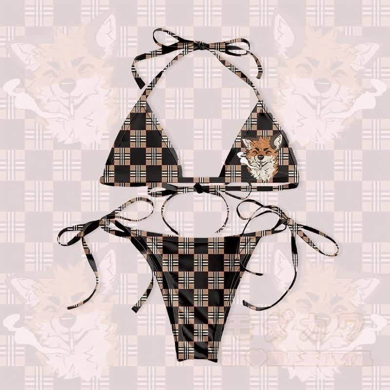 MODAKAWA X atka Smoking Fox Graphic Women's Swimsuit Tie Bikini Two Pieces Set - Black & Brown - 5XL - image 1
