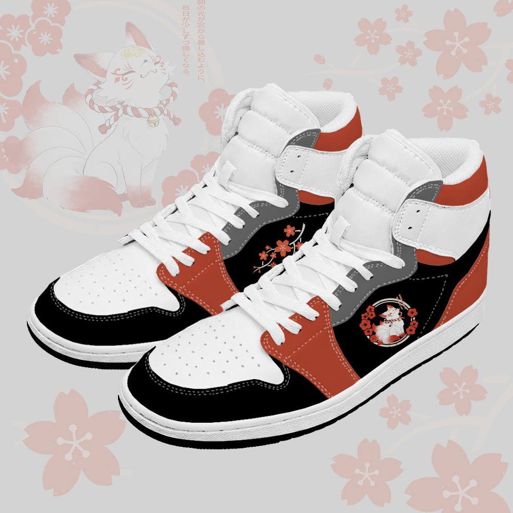 Sakura Nine Tailed Fox Graphic Modakawa High Top Canvas Shoes - Black & Red - 48 - image 1