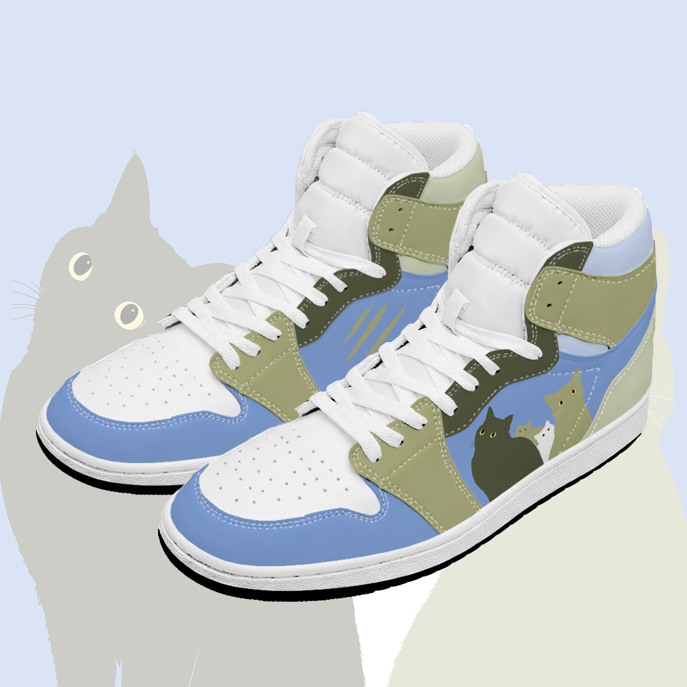 Cat Graphic Modakawa High Top Canvas Shoes - Blue & Green - 48 - image 1