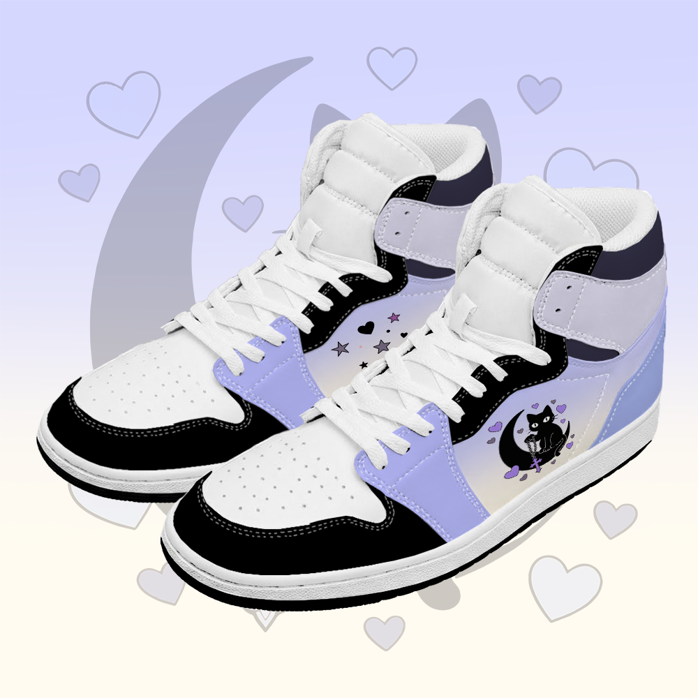 Black Cat Graphic Modakawa High Top Canvas Shoes - Black & Purple - 48 - image 1