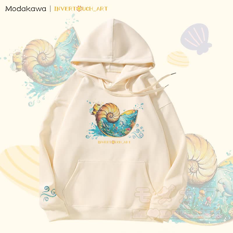MODAKAWA X  INVERTOUCH_ART Seashell Bee Graphic Fleece Lined Hoodie - Apricot - 5XL - image 2
