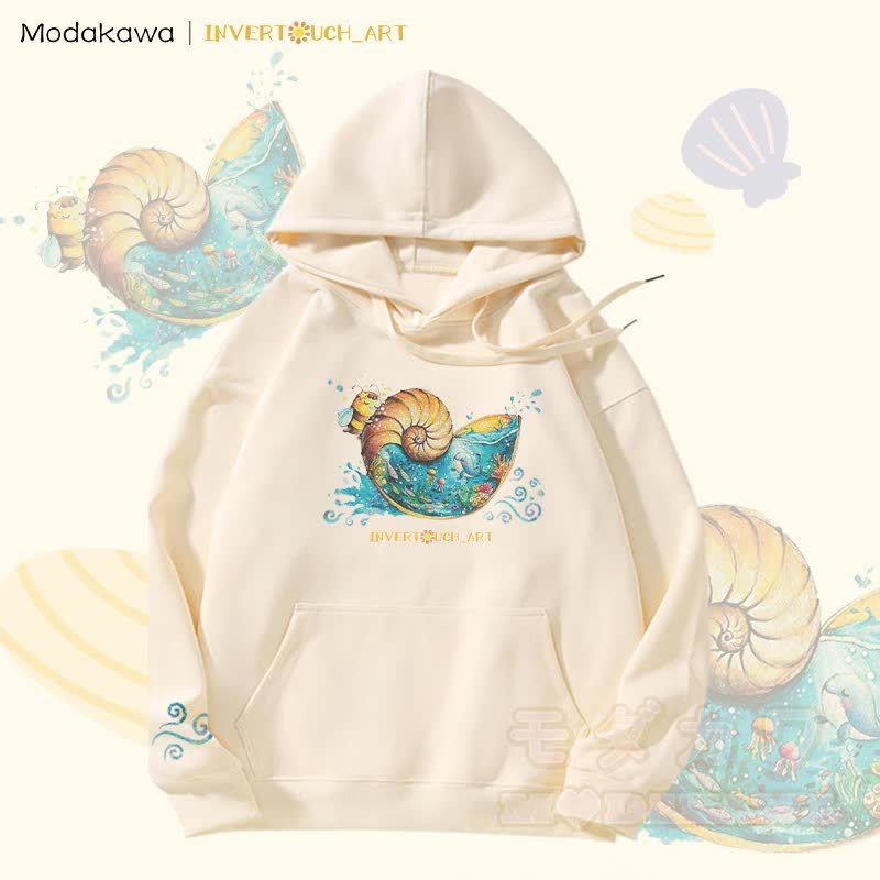 MODAKAWA X  INVERTOUCH_ART Seashell Bee Graphic Fleece Lined Hoodie - Apricot - 5XL - image 2