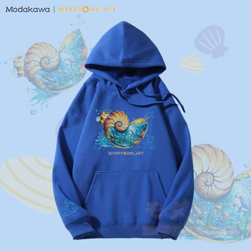 MODAKAWA X  INVERTOUCH_ART Seashell Bee Graphic Fleece Lined Hoodie - Blue - 5XL - image 1