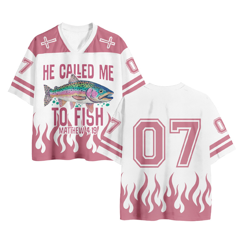 HE CALLED ME TO FIRST Fish Number Graphic Vintage Mesh Jersey T-shirt - Pink - 4XL - image 1