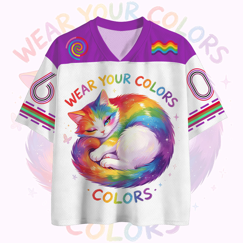 WEAR YOUR COLORS Rainbow Cat Number Graphic Vintage Mesh Jersey T-shirt - image 1
