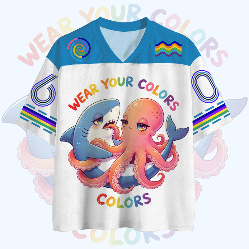 WEAR YOUR COLORS Rainbow Shark Octopus Number Graphic Vintage Mesh Jersey T-shirt - image 1